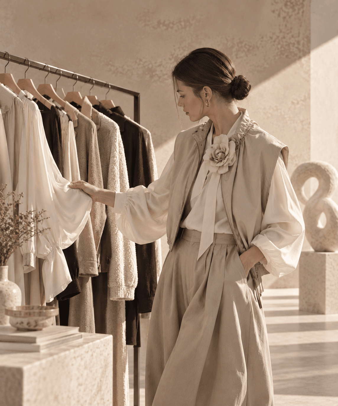 Mannequin en manteau aubergine dans une lumière architecturale chaleureuse