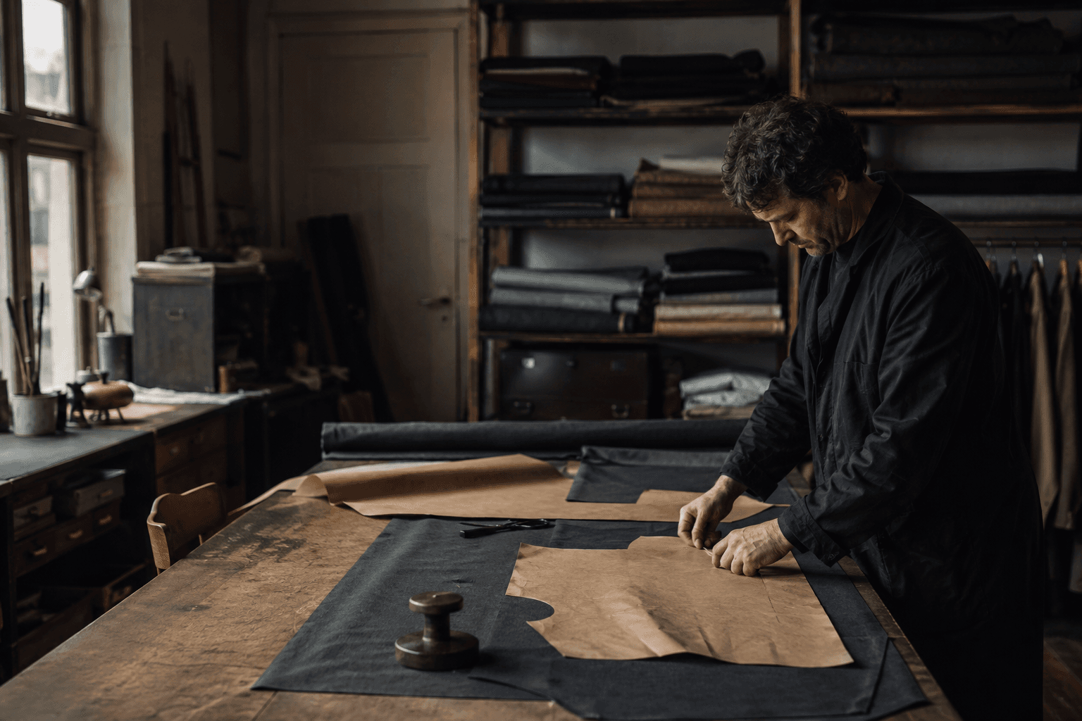 Artisan coupant une laine sombre dans un atelier indépendant